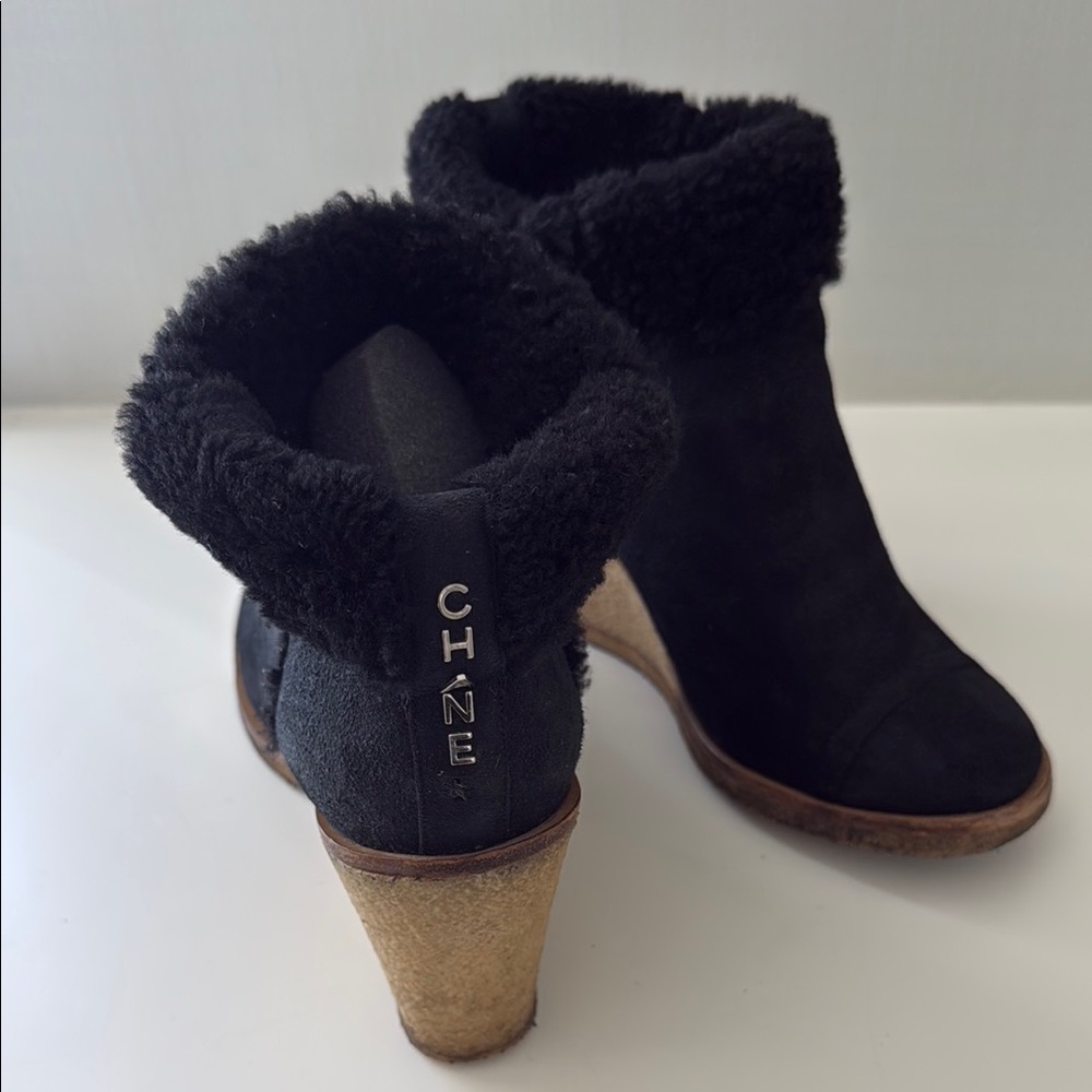CHANEL Black Shearling Trim Suede Ankle Boots